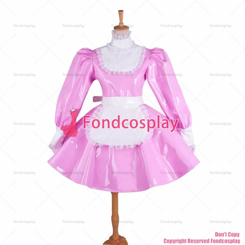 fondcosplay adult sexy cross dressing sissy maid pink heavy PVC lockable dress vinyl Uniform white apron CD/TV[G1545]