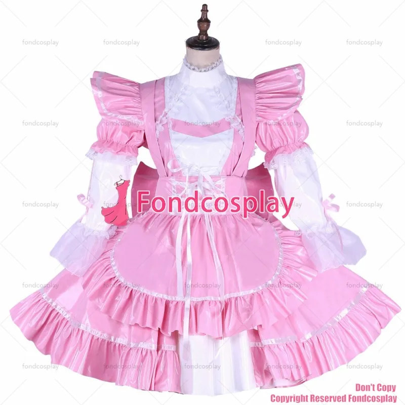 fondcosplay adult sexy cross dressing sissy maid short lockable baby pink thin PVC dress Uniform apron CD/TV[G1650]