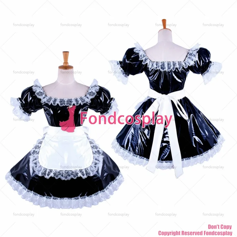 fondcosplay adult sexy cross dressing sissy maid short Black heavy Pvc Dress Uniform white apron Costume CD/TV[G1341]