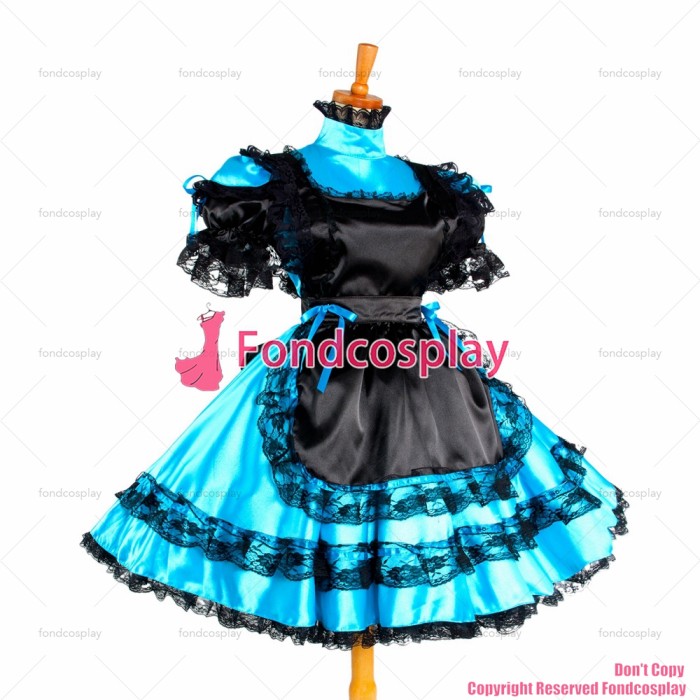 fondcosplay adult sexy cross dressing sissy maid short blue Satin Dress Lockable Uniform Cosplay Costume CD/TV[G1050]