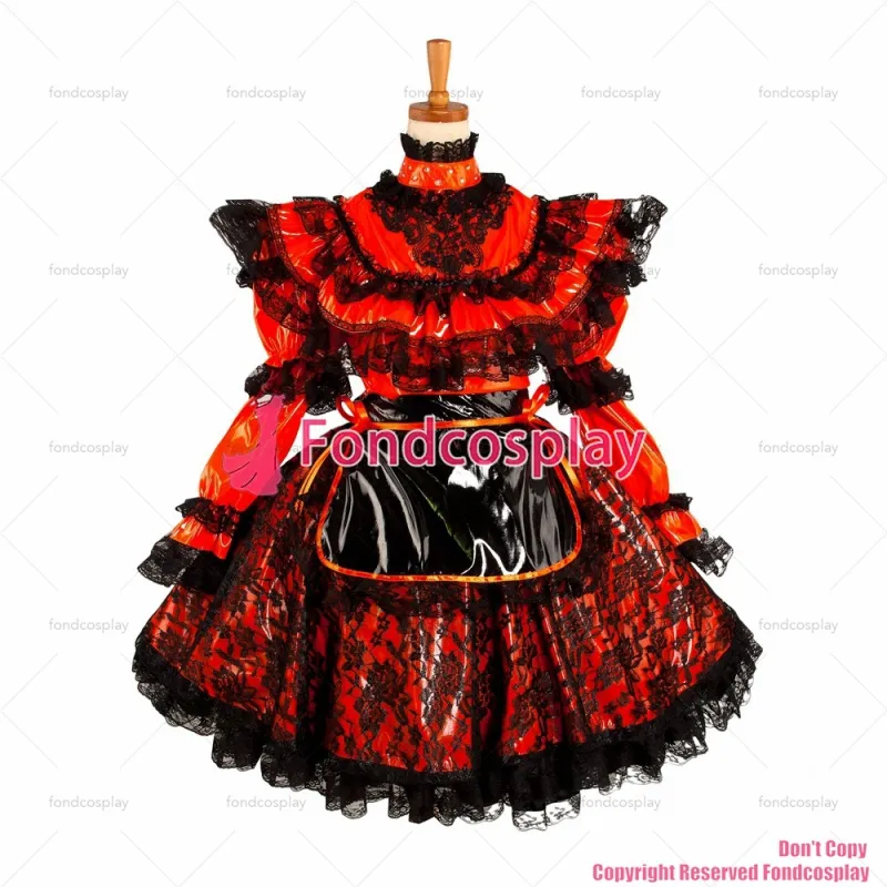 fondcosplay adult sexy cross dressing sissy maid short Lockable Dress red thin Pvc Uniform cosplay costume CD/TV[G1071]