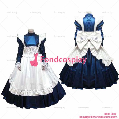 fondcosplay adult sexy cross dressing sissy maid long lockable Navy thin PVC Dress vinyl white apron Uniform CD/TV[G1637]