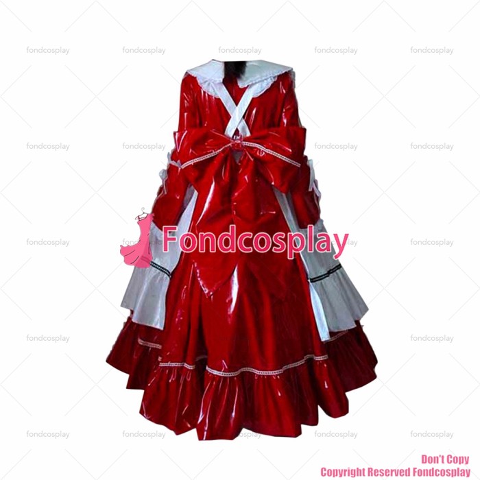 fondcosplay adult sexy cross dressing sissy maid long lockable red thin PVC Dress vinyl white apron Uniform CD/TV[G1634]