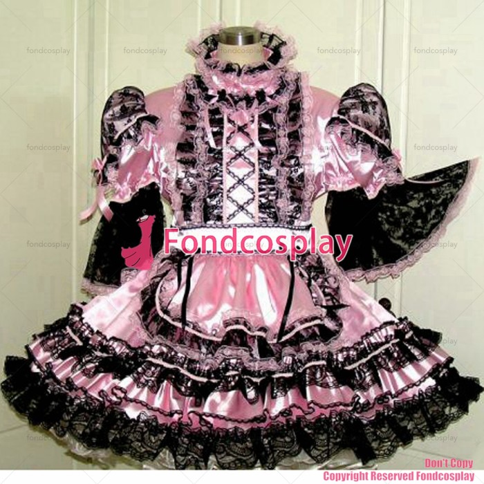 fondcosplay adult sexy cross dressing sissy maid short lockable baby pink Satin dress Uniform apron costume CD/TV[G1559]