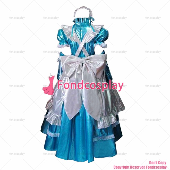 fondcosplay adult sexy cross dressing sissy maid long lockable blue thin PVC Dress vinyl Uniform white apron CD/TV[G1635]