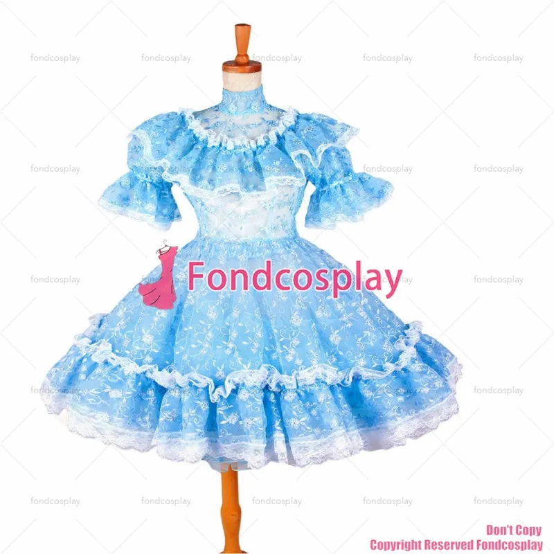 fondcosplay adult sexy cross dressing sissy maid short Blue Lace Organza Lockable Uniform Dress Costume CD/TV[G1391]