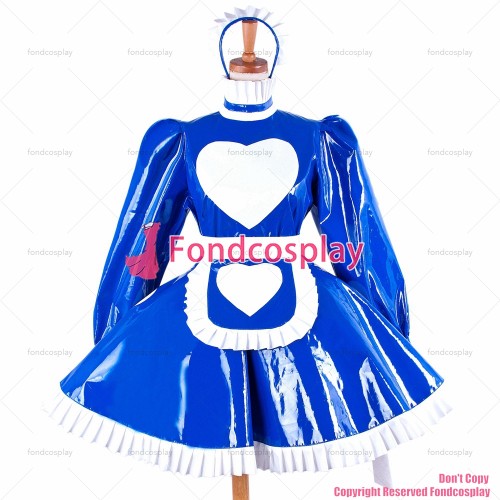fondcosplay sexy cross dressing sissy maid short heart heavy PVC Maid Dress lockable blue French Uniform CD/TV [G1594]