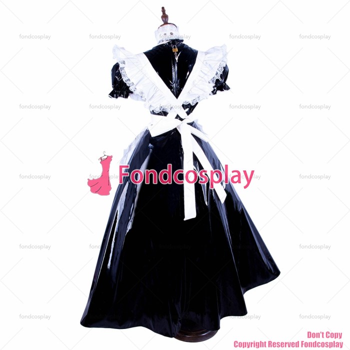 fondcosplay adult sexy cross dressing sissy maid long lockable black thin PVC dress Uniform white apron CD/TV[G1593]
