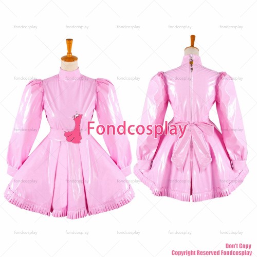 fondcosplay adult sexy cross dressing sissy maid short Lockable Uniform Pink thin Pvc Dress Costume Cosplay CD/TV[G1337]