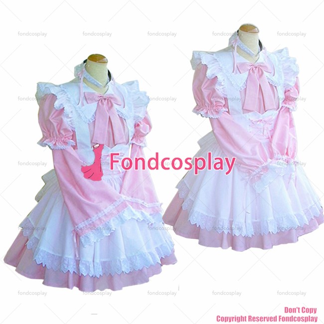 fondcosplay adult sexy cross dressing sissy maid short lockable baby pink cotton dress uniform white apron CD/TV [G1615]