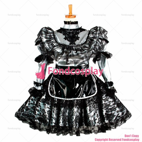 fondcosplay adult sexy cross dressing sissy maid short Lockable Dress silver thin Pvc Uniform cosplay costume CD/TV[G1048]