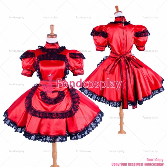 fondcosplay adult sexy cross dressing sissy maid short lockable red Satin dress Uniform apron costume CD/TV[G1592]