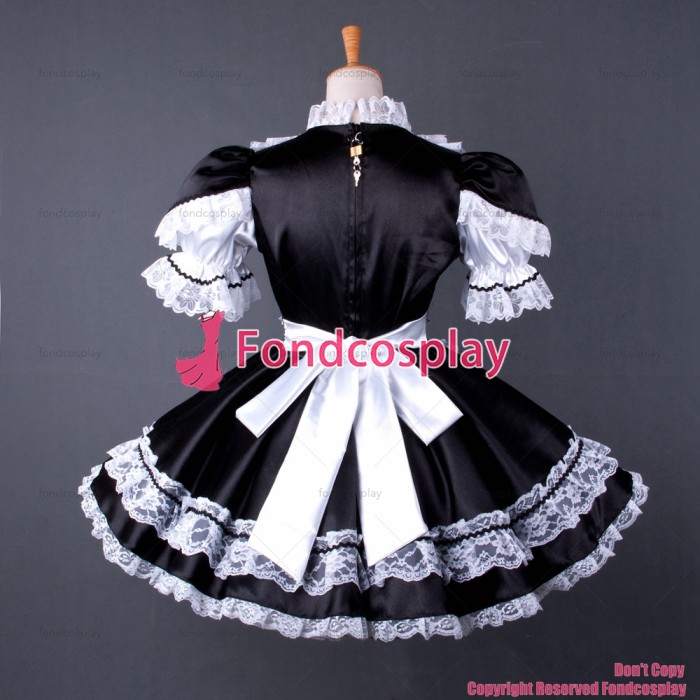 fondcosplay adult sexy cross dressing sissy maid short lockable black Satin dress Uniform white apron costume CD/TV[G1569]