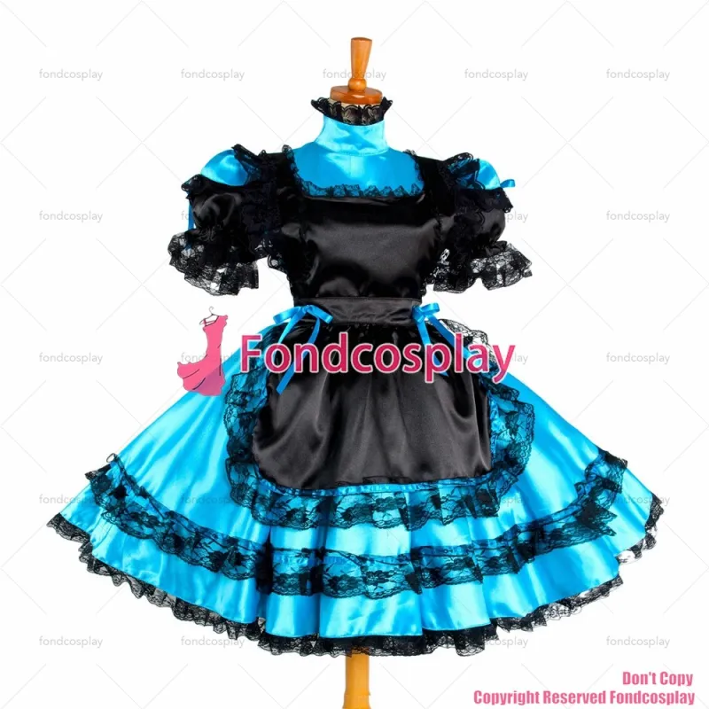fondcosplay adult sexy cross dressing sissy maid short blue Satin Dress Lockable Uniform Cosplay Costume CD/TV[G1050]