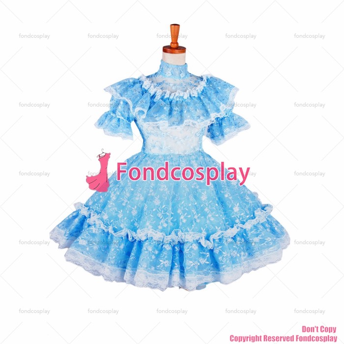 fondcosplay adult sexy cross dressing sissy maid short Blue Lace Organza Lockable Uniform Dress Costume CD/TV[G1391]