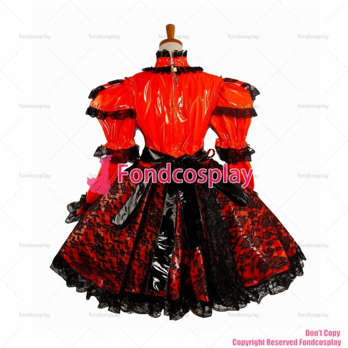 fondcosplay adult sexy cross dressing sissy maid short Lockable Dress red thin Pvc Uniform cosplay costume CD/TV[G1071]
