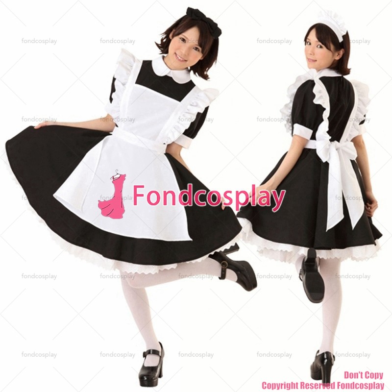 fondcosplay adult sexy cross dressing sissy maid short black Cotton Dress Uniform white apron Costume CD/TV[G1254]