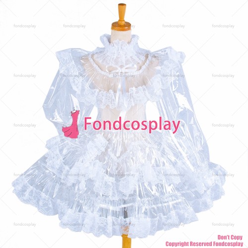 fondcosplay adult sexy cross dressing sissy maid short Clear PVC lockable dress TPU Uniform white lace CD/TV[G1572]