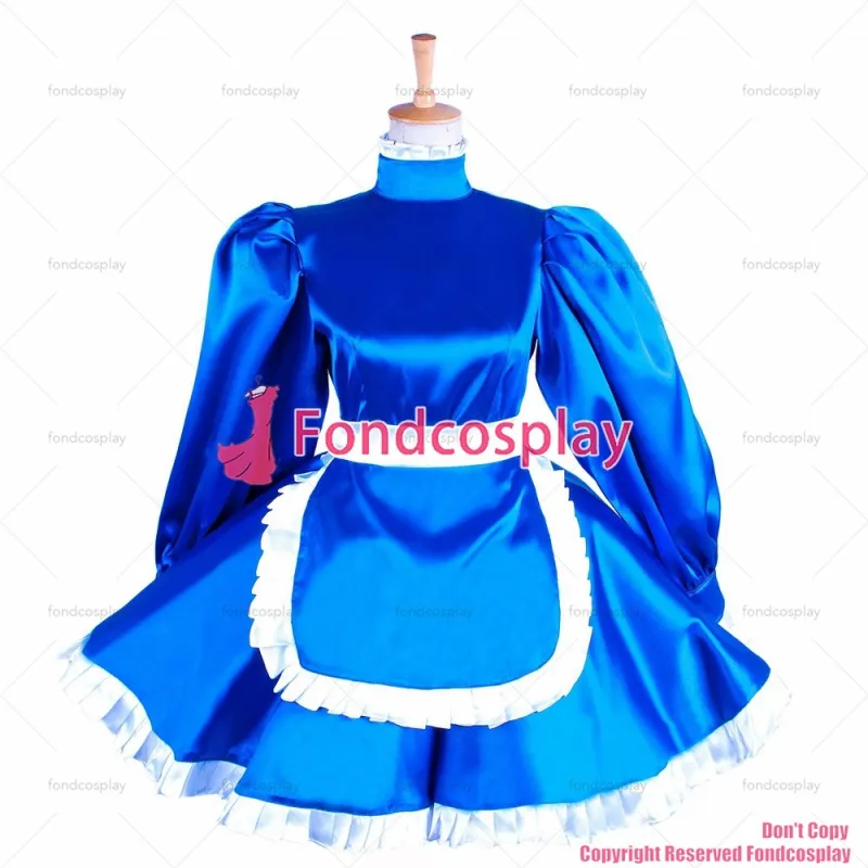 fondcosplay adult sexy cross dressing sissy maid short lockable blue Satin dress apron Uniform costume CD/TV[G1551]