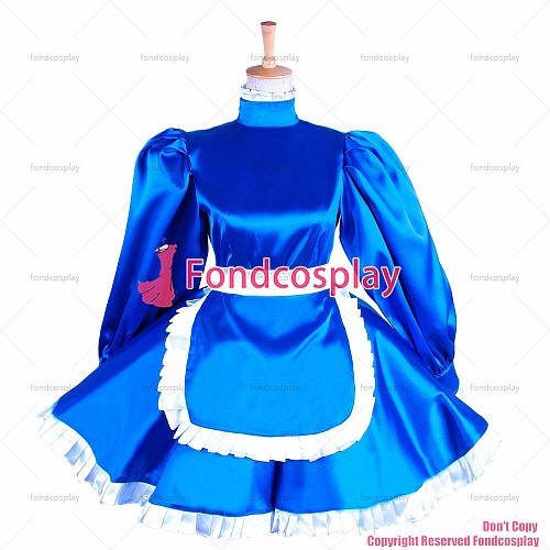 fondcosplay adult sexy cross dressing sissy maid short lockable blue Satin dress apron Uniform costume CD/TV[G1551]