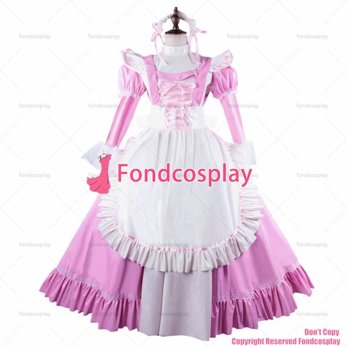 fondcosplay adult sexy cross dressing sissy maid long baby pink thin PVC lockable Dress vinyl white apron CD/TV[G1564]