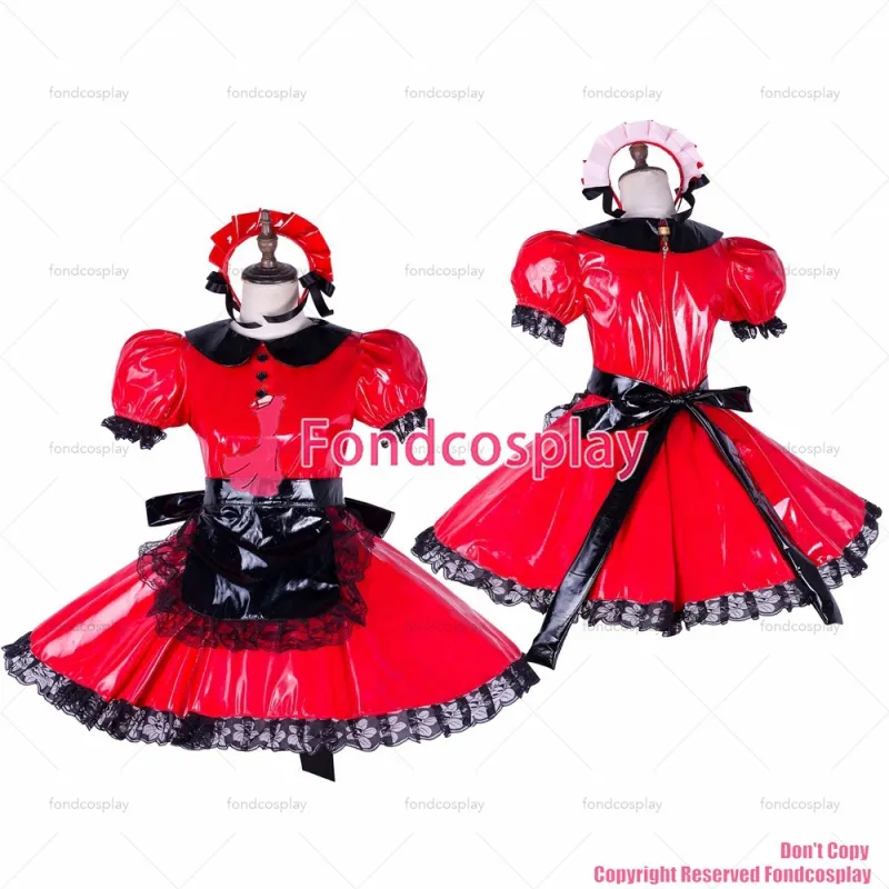 fondcosplay adult sexy cross dressing sissy maid lockable red heavy PVC dress black apron Peter Pan collar CD/TV[G1653]