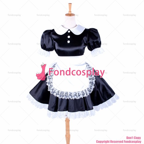 fondcosplay adult sexy cross dressing sissy maid short black satin dress lockable Uniform white apron costume CD/TV[G027]