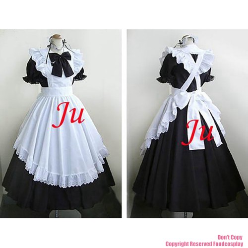 fondcosplay adult sexy cross dressing sissy maid long black Cotton Long Dress Uniform white apron Costume CD/TV[CK738]