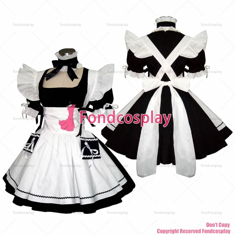 fondcosplay adult sexy cross dressing sissy maid short black Cotton Dress Uniform white apron Costume CD/TV[CK830]