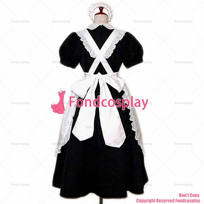 fondcosplay adult sexy cross dressing sissy maid long black Cotton Dress Uniform white apron Costume CD/TV[CK816]