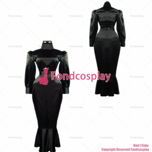 fondcosplay adult sexy cross dressing sissy maid Lockable Fetish black Satin shirt skirt Uniform Costume CD/TV[G060]