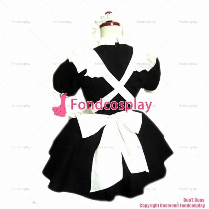 fondcosplay adult sexy cross dressing sissy maid black Cotton Lockable Dress Uniform white apron Costume CD/TV[CK763]