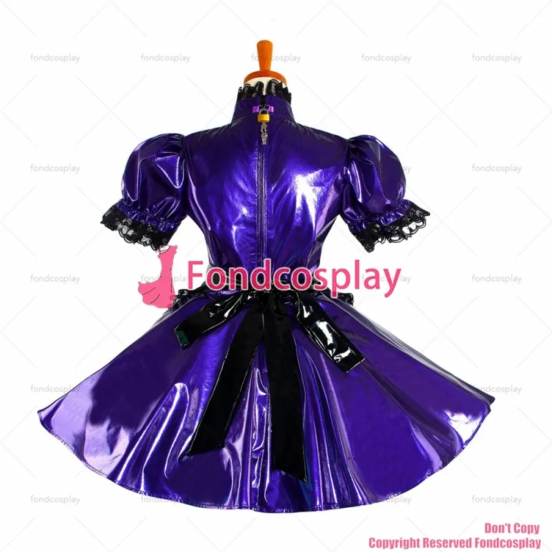 fondcosplay adult sexy cross dressing sissy maid short Lockable Purple thin Pvc Dress Uniform apron costume CD/TV[G1047]