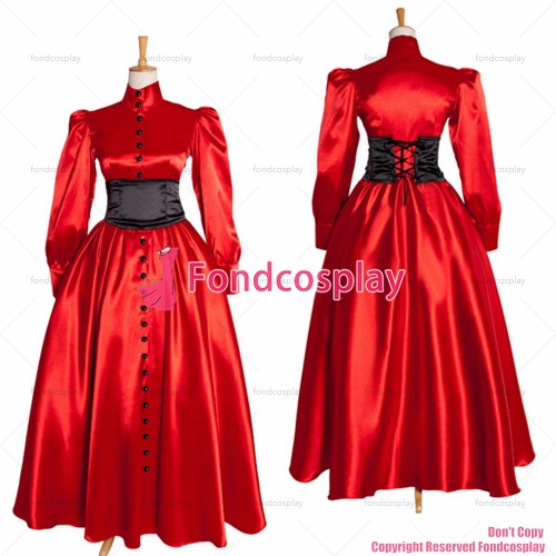 fondcosplay adult sexy cross dressing sissy maid long French Satin red lockable dress Uniform costume black corset CD/TV[G1015]