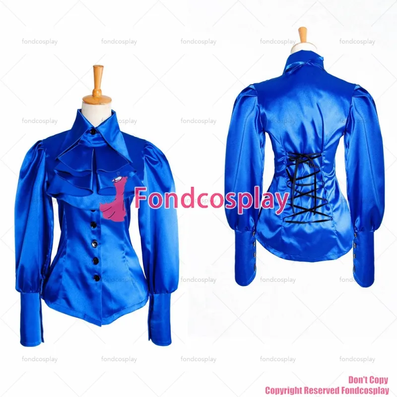 fondcosplay adult sexy cross dressing sissy maid short Gothic Lolita blue Satin Shirt Bow Tie blouse CD/TV[G1035]