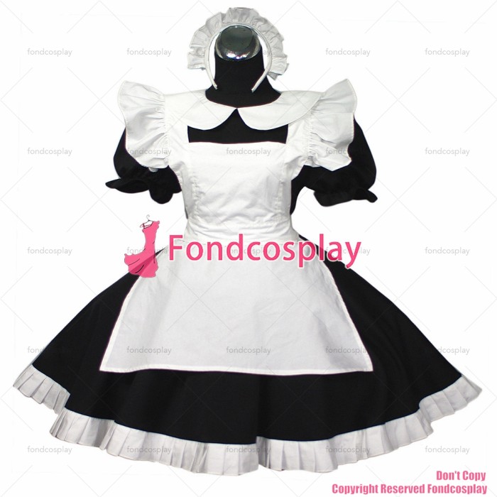 fondcosplay adult sexy cross dressing sissy maid short Lockable Black Cotton Dress white apron Costume Uniform[G029]