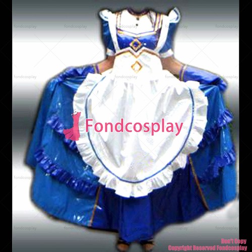 fondcosplay adult sexy cross dressing sissy maid long blue thin Pvc Lockable Dress Uniform Cosplay Costume CD/TV[CK939]