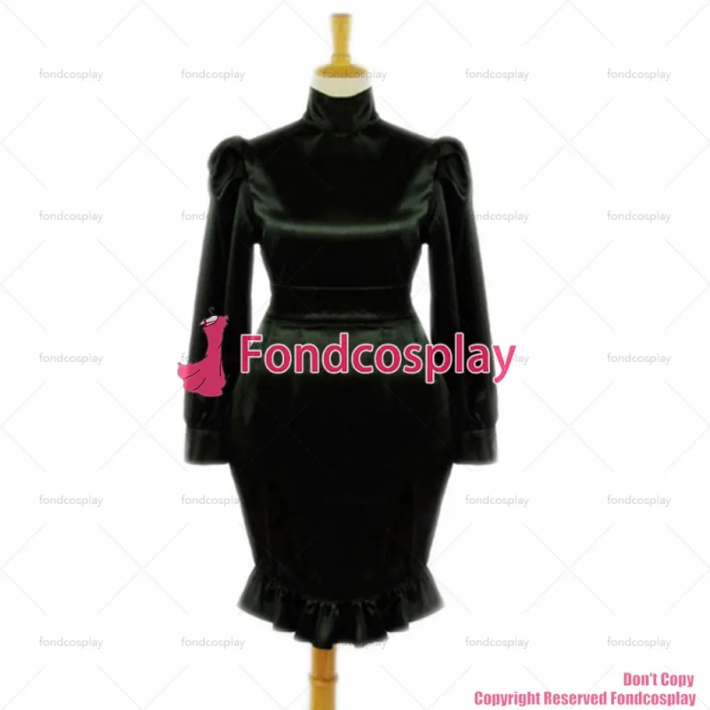 fondcosplay adult sexy cross dressing sissy maid short French Satin black shirt skirt Lockable Uniform Costume CD/TV[G050]