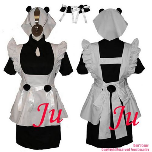 fondcosplay adult sexy cross dressing sissy maid Gothic Lolita Punk Fashion black cotton Dress white apron CD/TV[CK001]