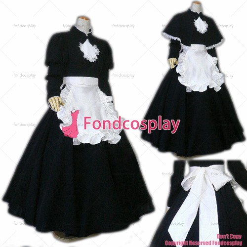 fondcosplay adult sexy cross dressing sissy maid long black Cotton Dress Uniform white apron Costume CD/TV[CK758]