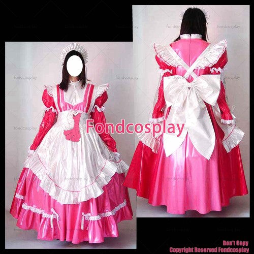 fondcosplay adult sexy cross dressing sissy maid long Pink thin Pvc Lockable Dress Uniform white apron CD/TV[CK950]