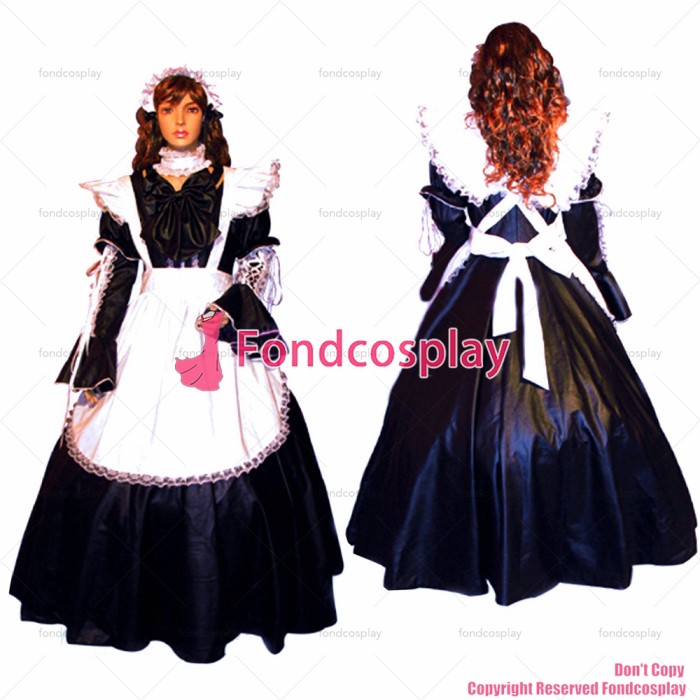 fondcosplay adult sexy cross dressing sissy maid long black Satin Dress white apron Uniform Cosplay Costume CD/TV[CK807]