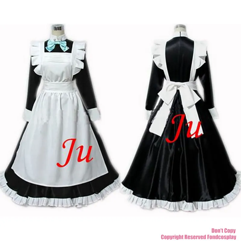fondcosplay adult sexy cross dressing sissy maid long black satin Lockable Dress Uniform white apron Costume CD/TV[CK631]