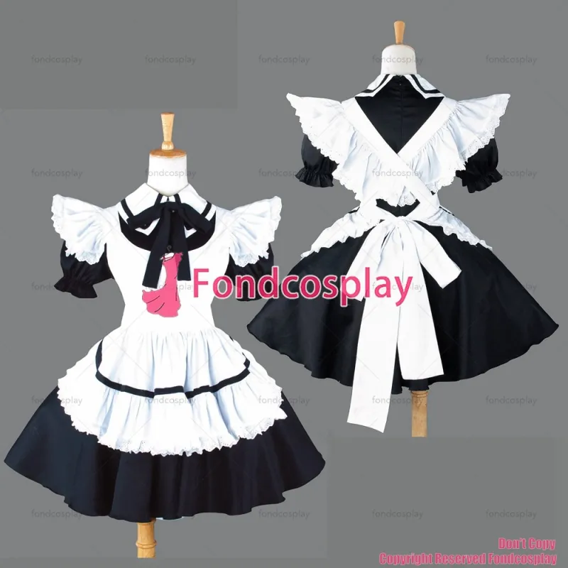 fondcosplay adult sexy cross dressing sissy maid short black Cotton Lockable Dress white apron Uniform CD/TV[CK432]