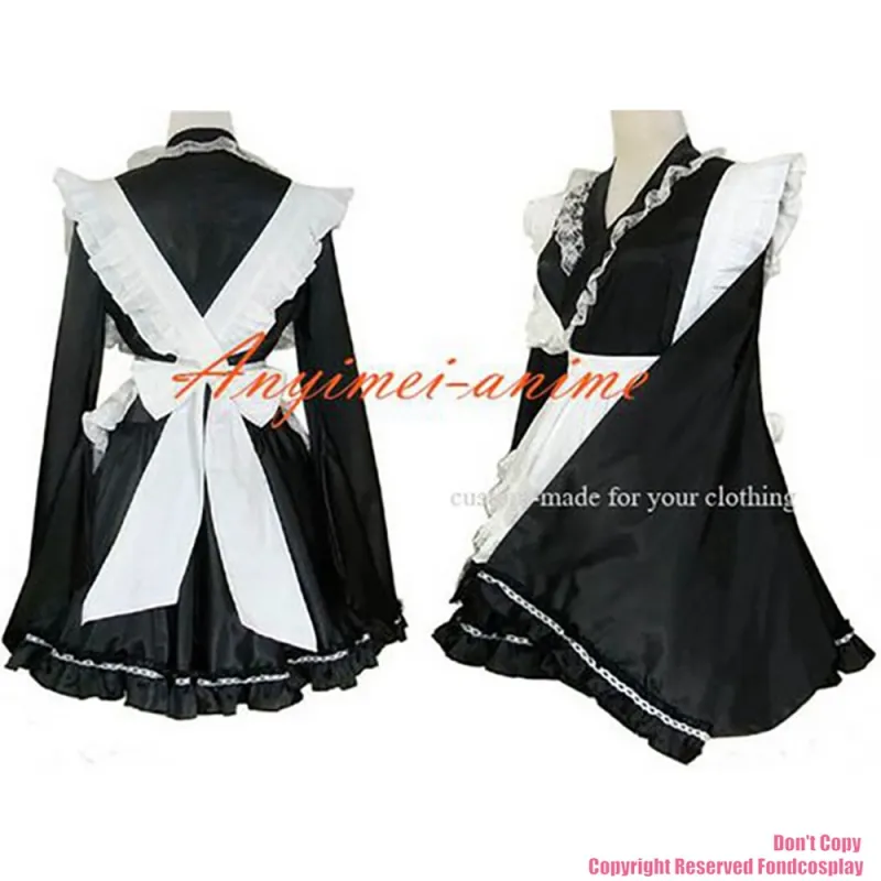 fondcosplay adult sexy cross dressing sissy maid short black satin Dress Uniform white apron Costume CD/TV[CK1151]