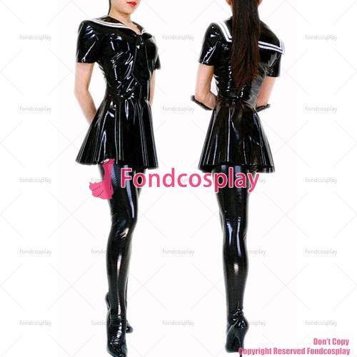 fondcosplay adult sexy cross dressing sissy maid short black heavy Pvc Uniform Dress School uniform Costume CD/TV[CK880]