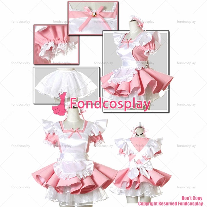 fondcosplay adult sexy cross dressing sissy maid baby pink cotton Dress Uniform white satin apron Costume CD/TV[CK903]