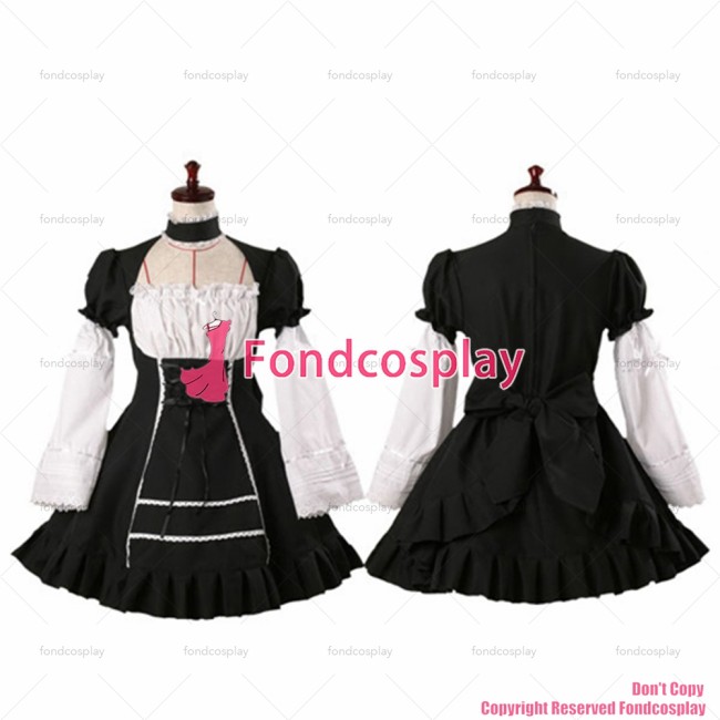 fondcosplay adult sexy cross dressing sissy maid black cotton dress lockable school uniform costume CD/TV[G071]