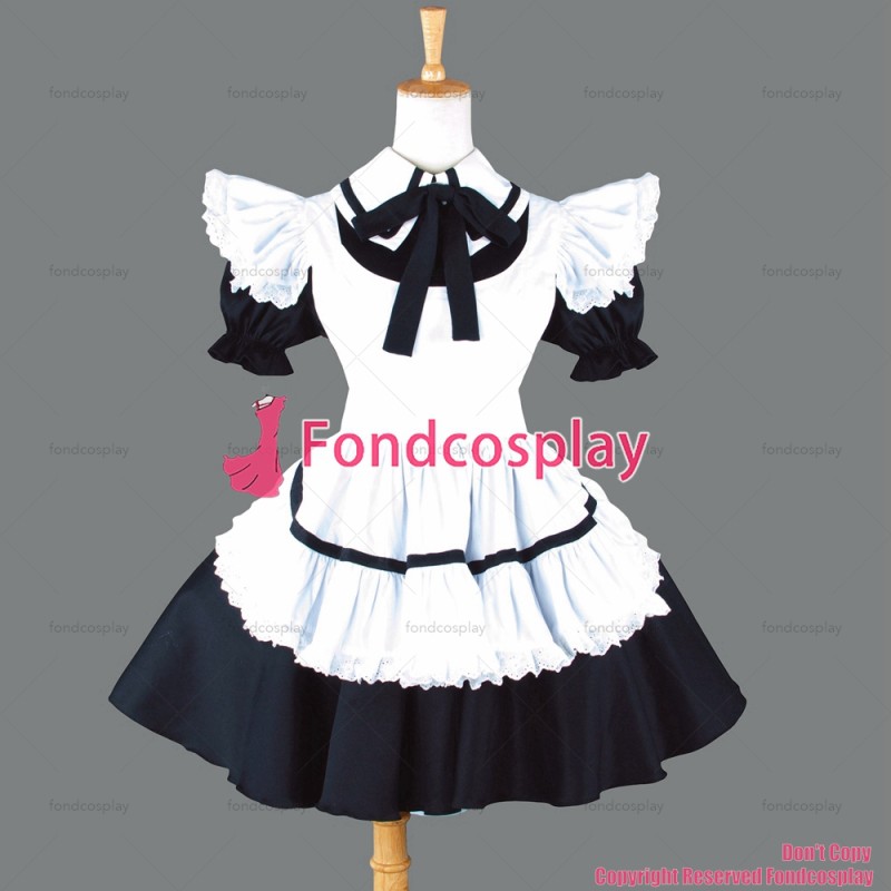 fondcosplay adult sexy cross dressing sissy maid short black Cotton Lockable Dress white apron Uniform CD/TV[CK432]