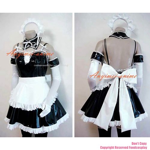 fondcosplay adult sexy cross dressing sissy maid short black thin Pvc Dress Uniform white apron Costume CD/TV[CK895]